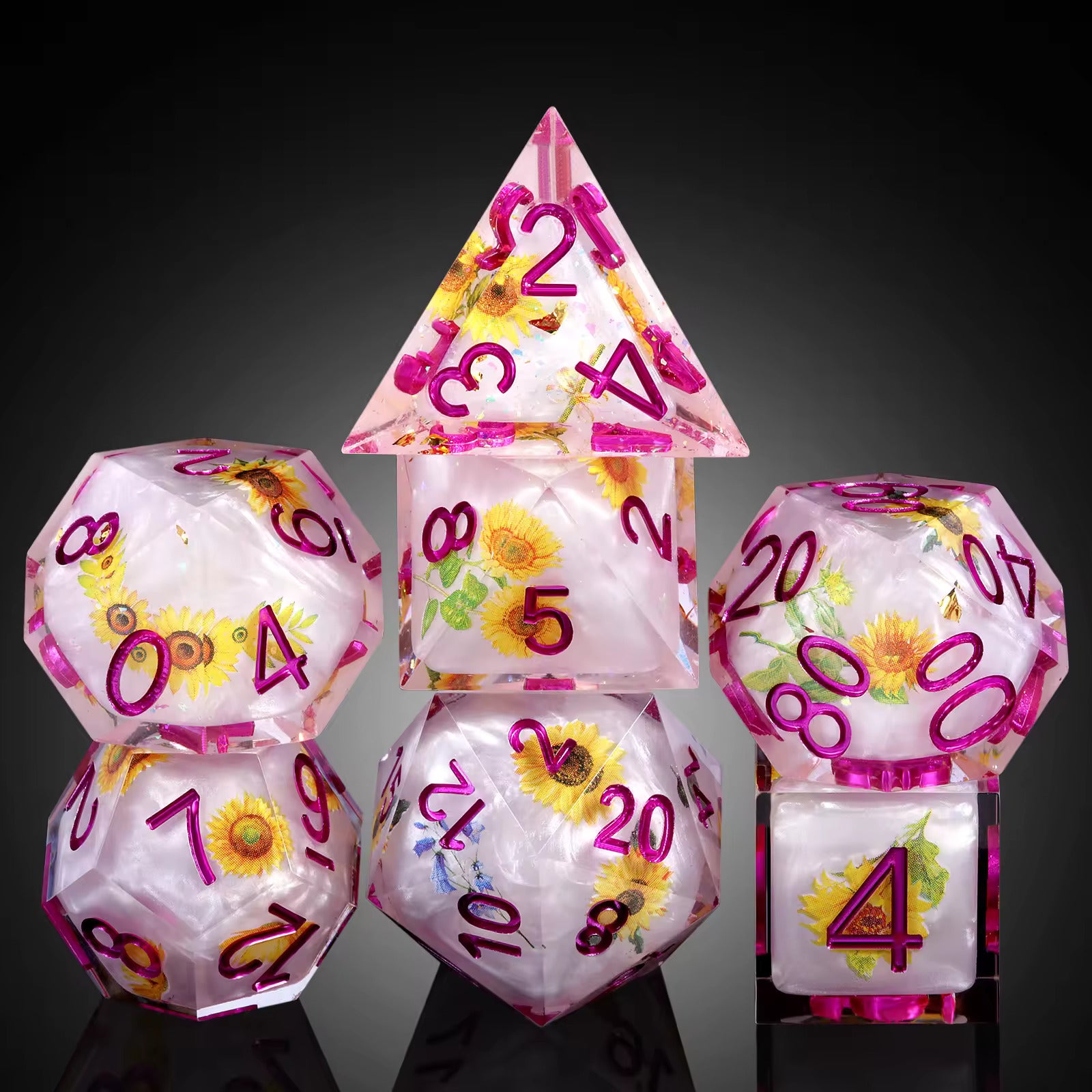 7 RPG Sharp Point Resin Dice - Flower Series