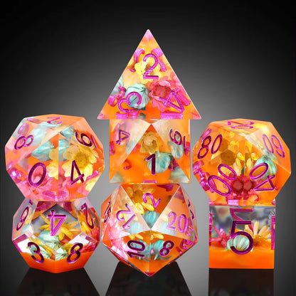 7 RPG Sharp Point Resin Dice - Flower Series