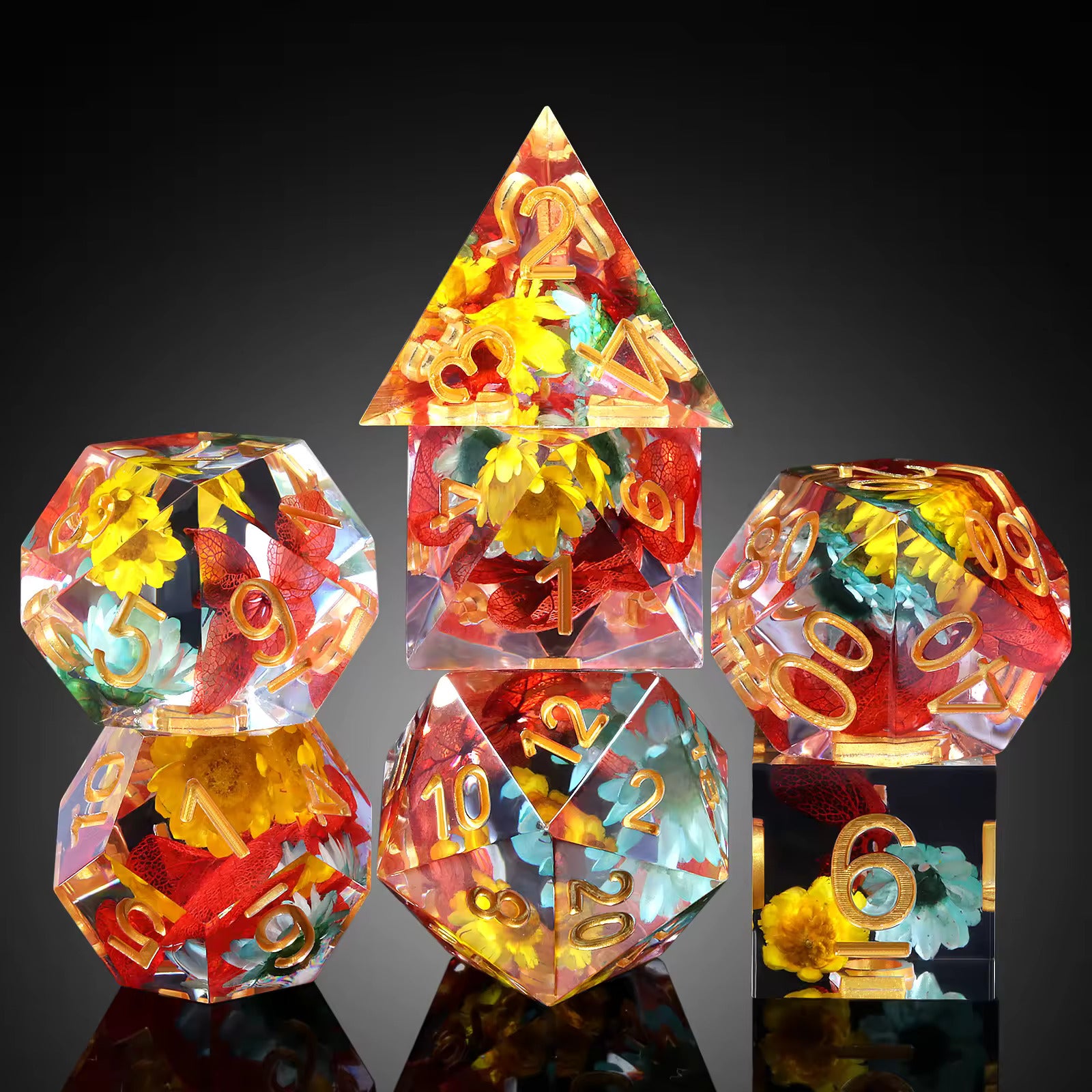 7 RPG Sharp Point Resin Dice - Flower Series