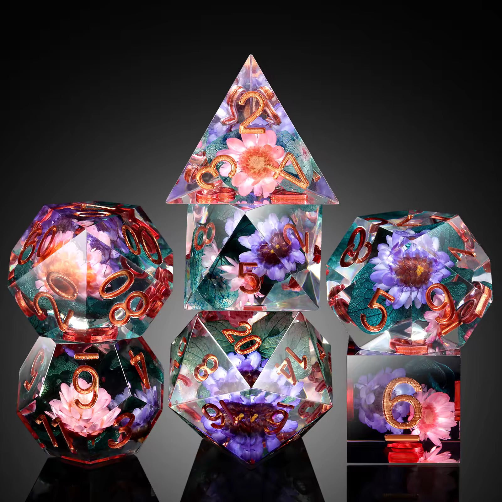 7 RPG Sharp Point Resin Dice - Flower Series